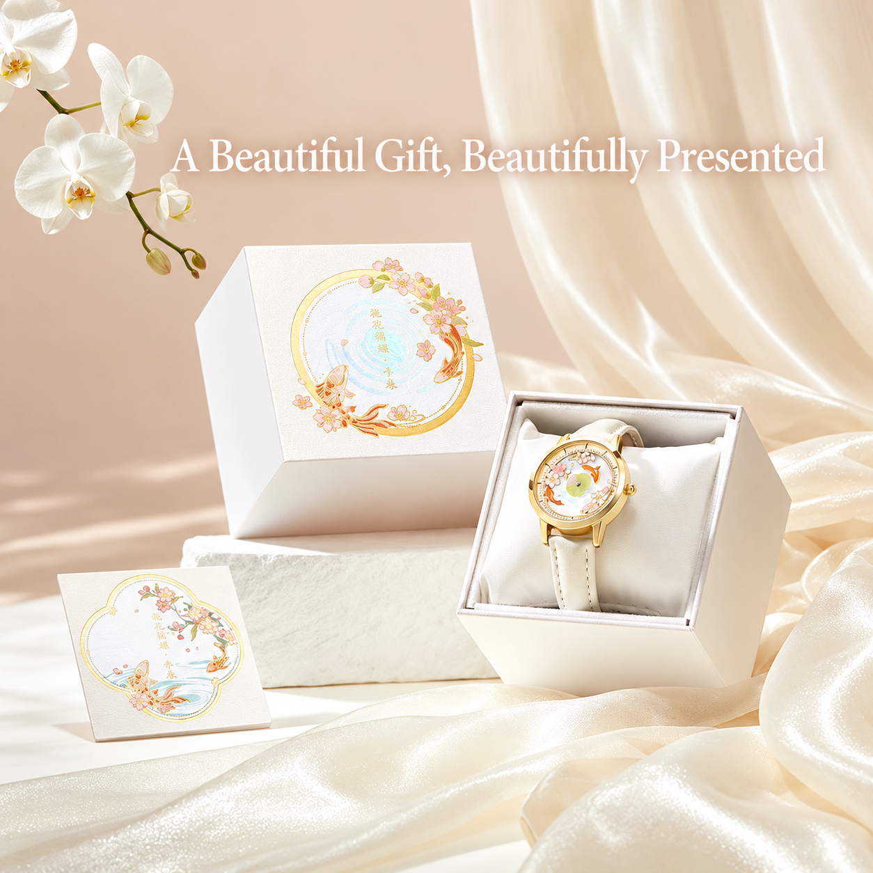 KoiBloom watch with its coordinated original presentation box