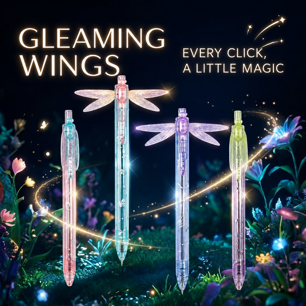 Four Gleaming Wings Dragonfly Pens in a dreamy night garden