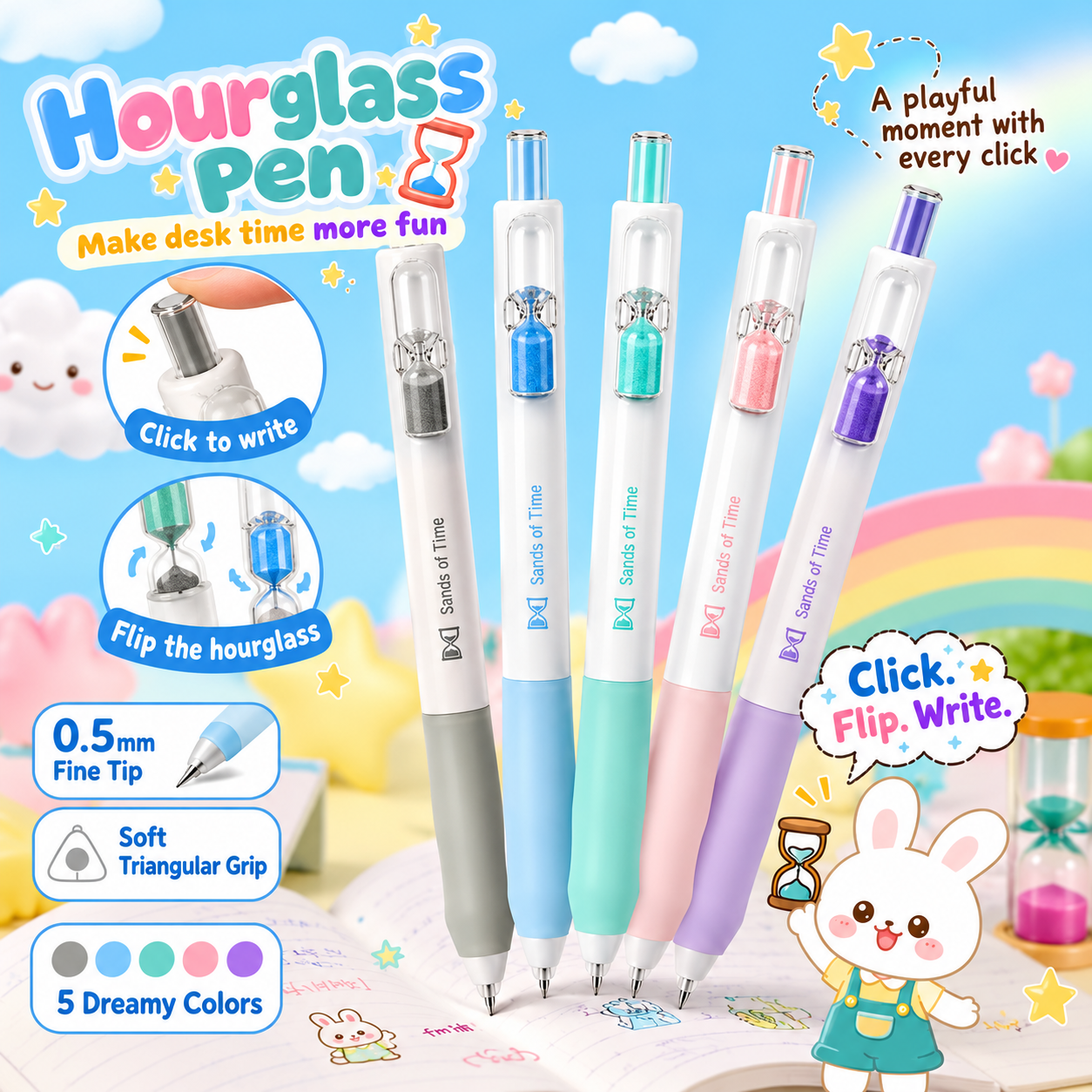 Hourglass Gel Pen click action, triangular grip and five color options