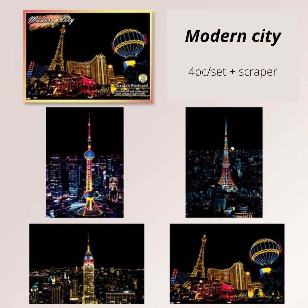 Magic Art 4pcs Scraping Painting Postcard A5 size (7.9" X 5.5")