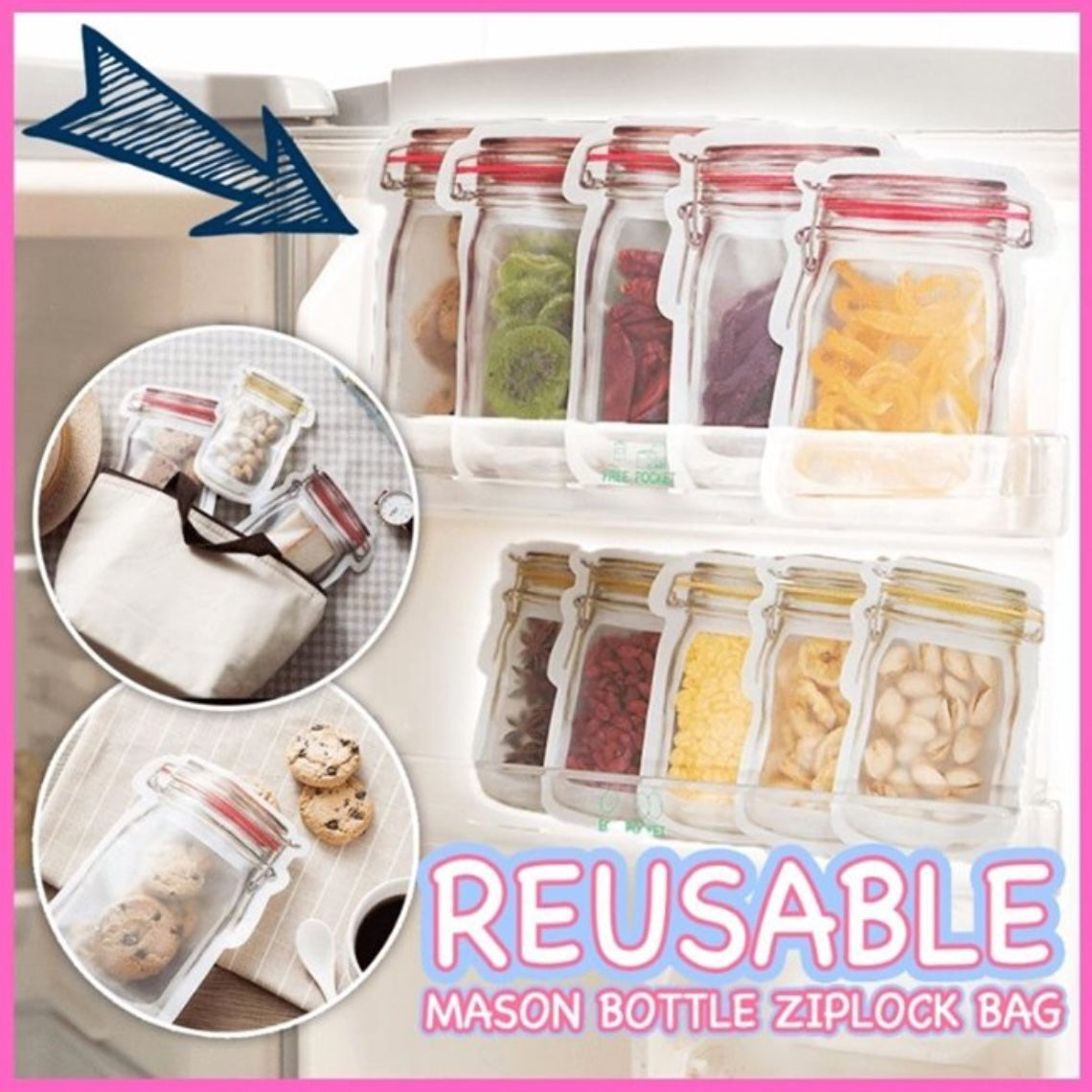 20 Pcs Reusable Mason Jar Zip Lock Bags,cute Plastic Mason Bottle