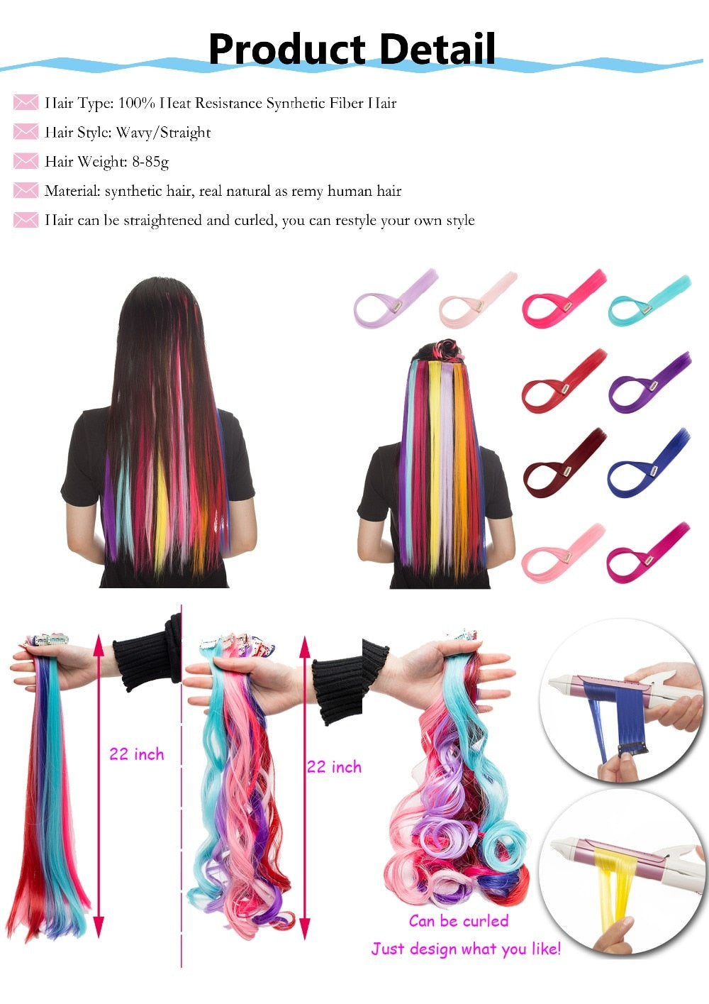 Zilarr Clip-On Colorful Hair Extensions