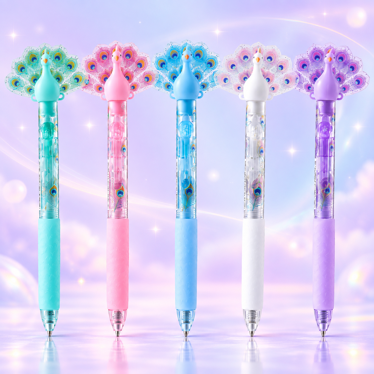 Five Peacock Bloom Pens in teal green, pink, sky blue, white, and purple