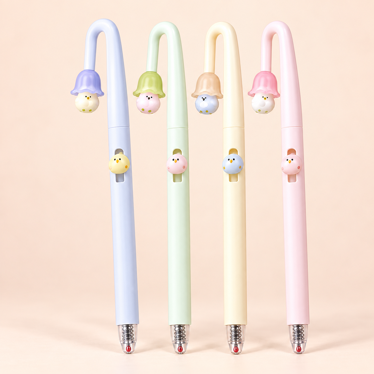 Four PerchPop Gel Pens in pastel blue, mint green, cream yellow, and blush pink