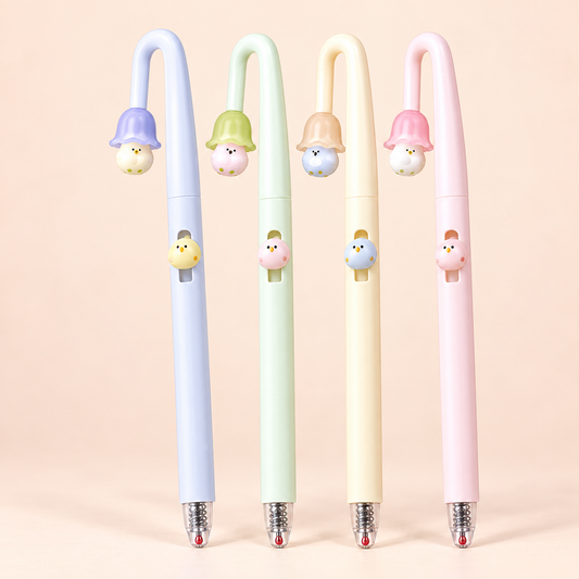 Four PerchPop Gel Pens in pastel blue, mint green, cream yellow, and blush pink