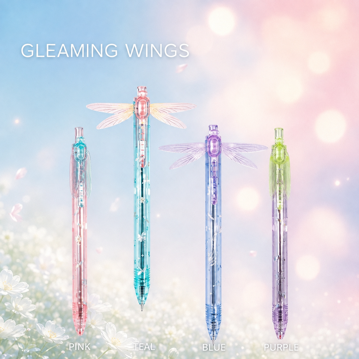 Four Gleaming Wings Dragonfly Pen colors labeled Pink, Teal, Blue, and Purple