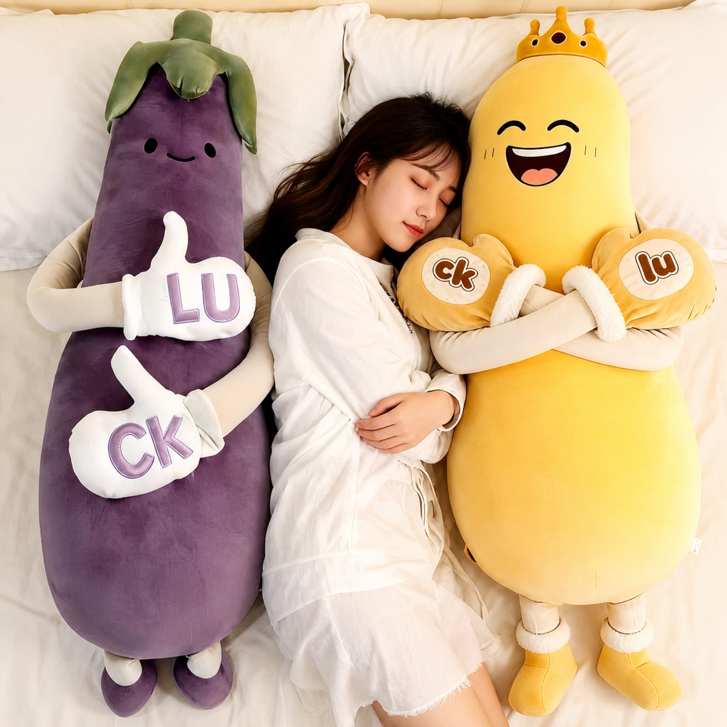 HugBeat Giant Cuddle Plush with Mango King and Lucky Eggplant on a bed