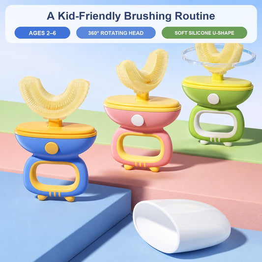 SmileSpin kids U-shaped toothbrush overview with ages and key features