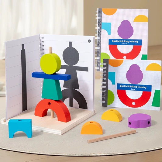 ShadowStack wooden 3D logic puzzle with colored blocks and challenge books