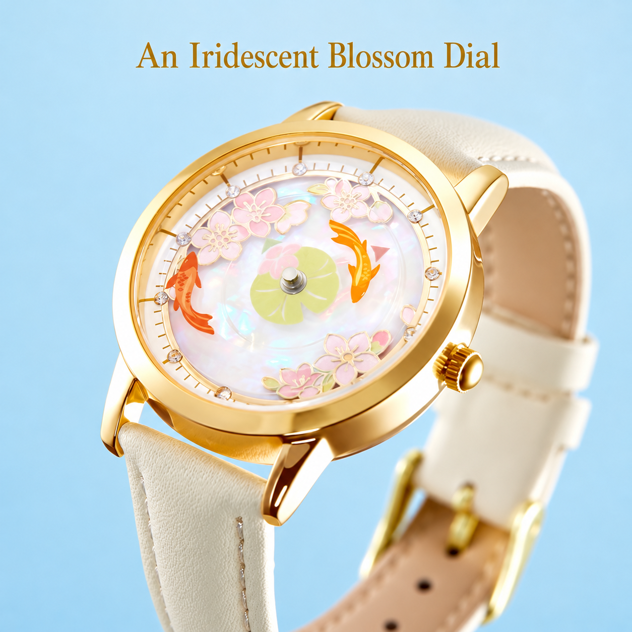 KoiBloom iridescent peach-blossom dial close-up