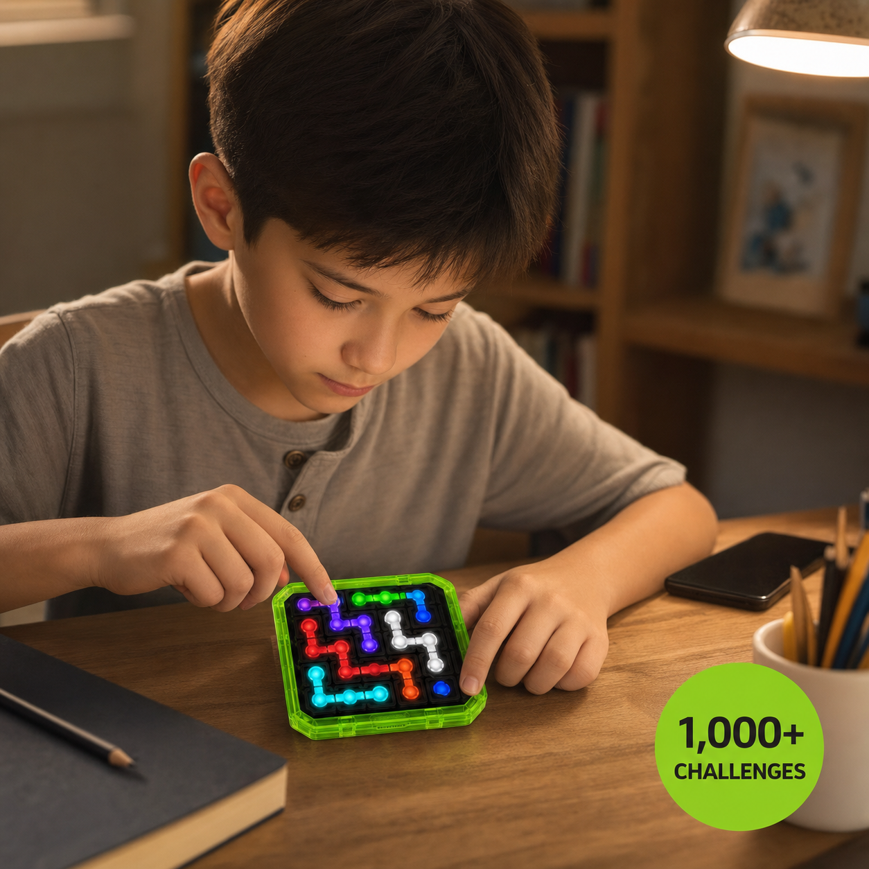 Child playing Linego Logic Game with more than 1,000 challenges