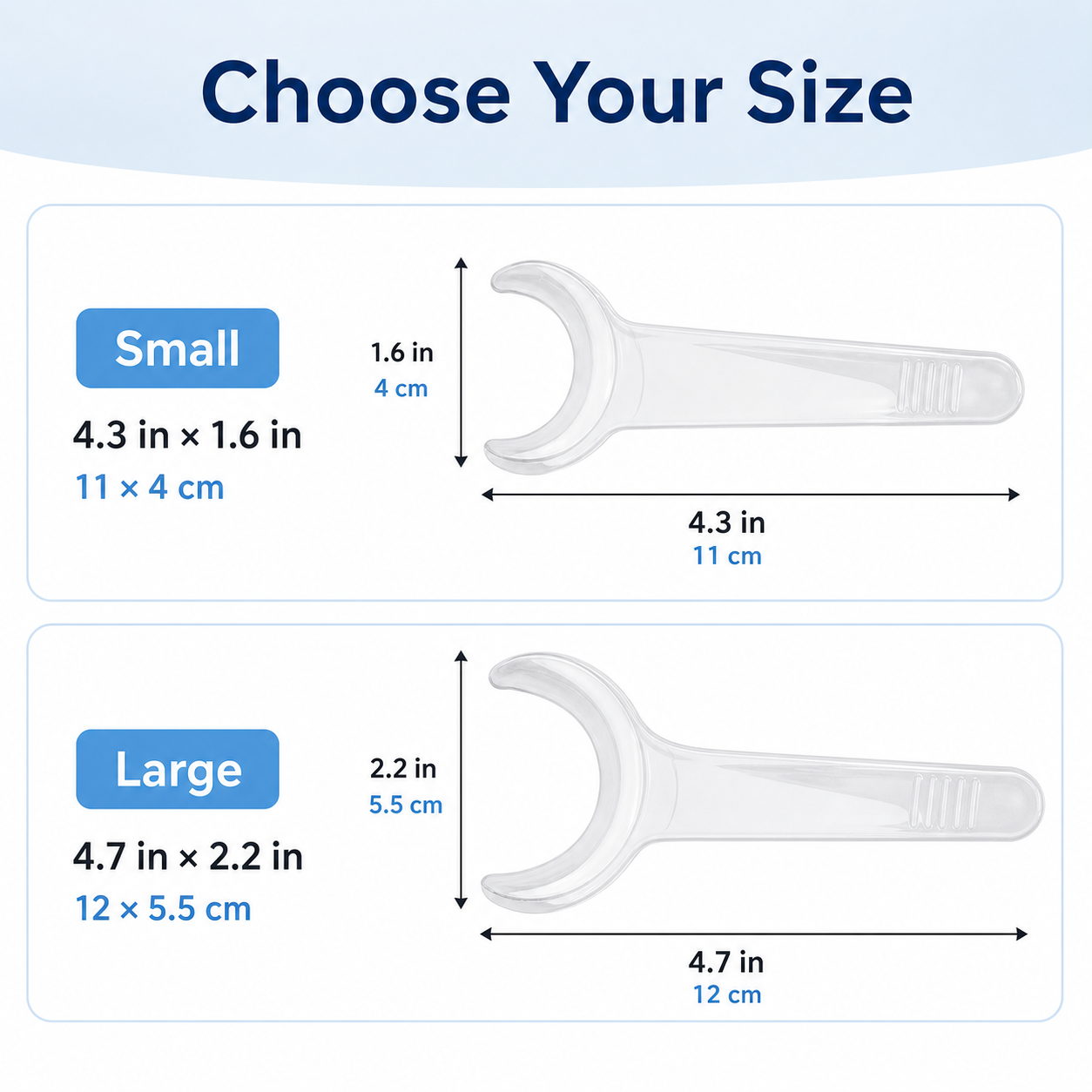 BrushBuddy Small and Large size dimensions in inches and centimeters