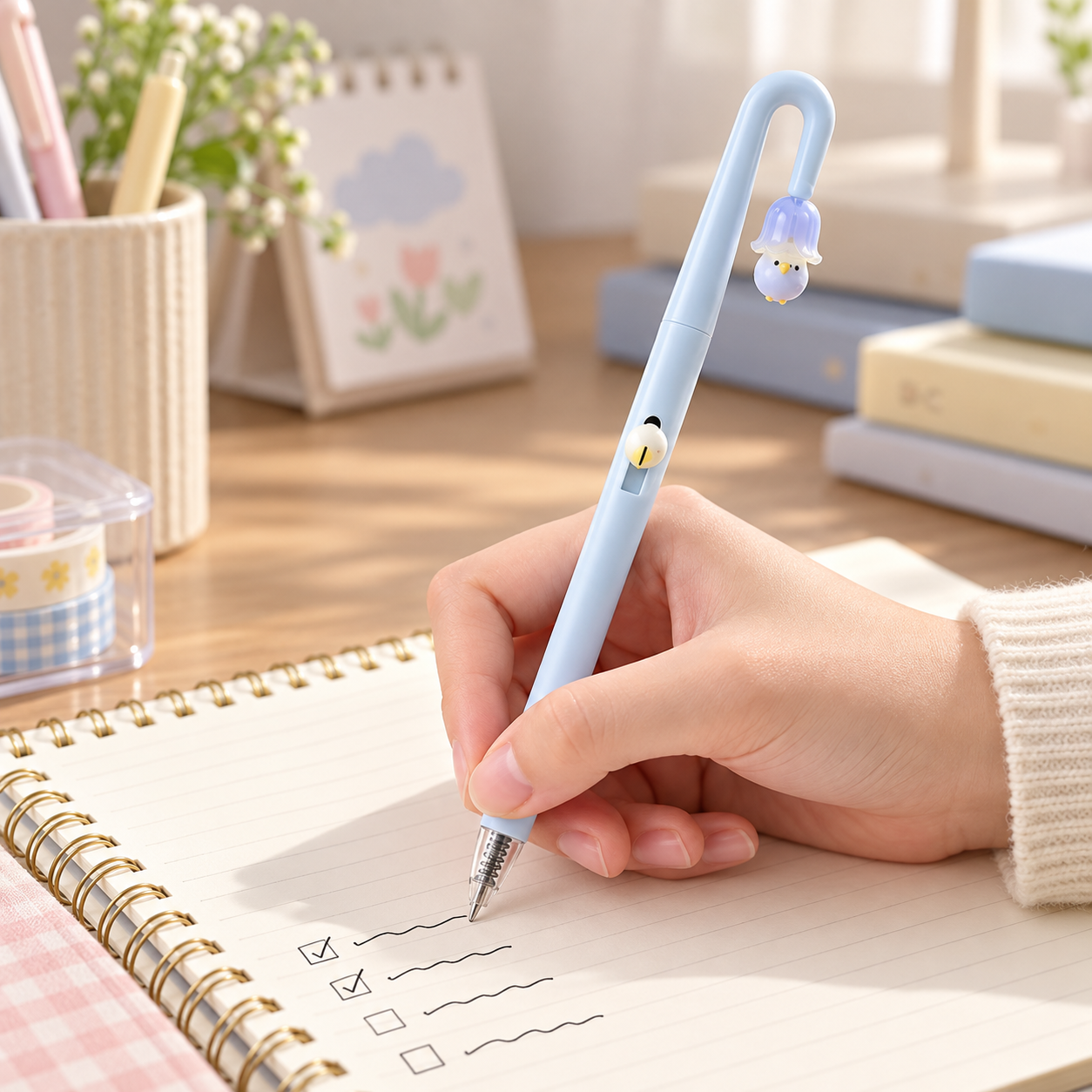 Writing in a notebook with a blue PerchPop Gel Pen