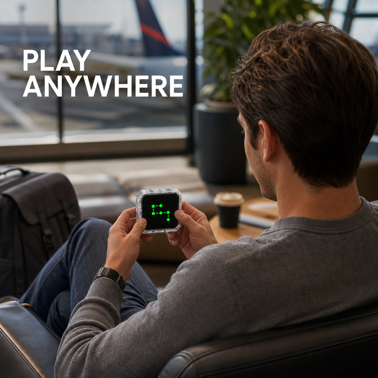 Adult traveler playing Linego Logic Game in an airport lounge