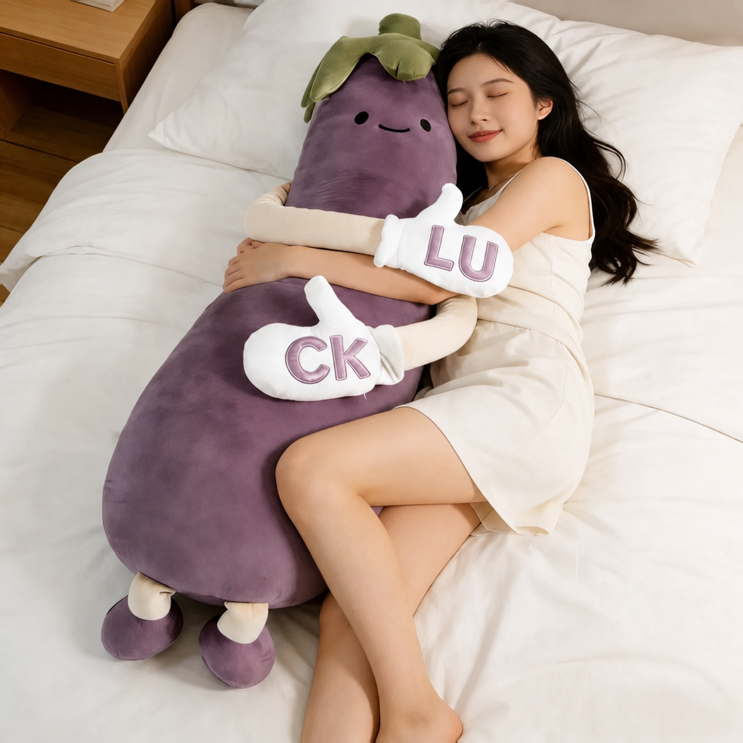 Woman cuddling the Lucky Eggplant HugBeat plush