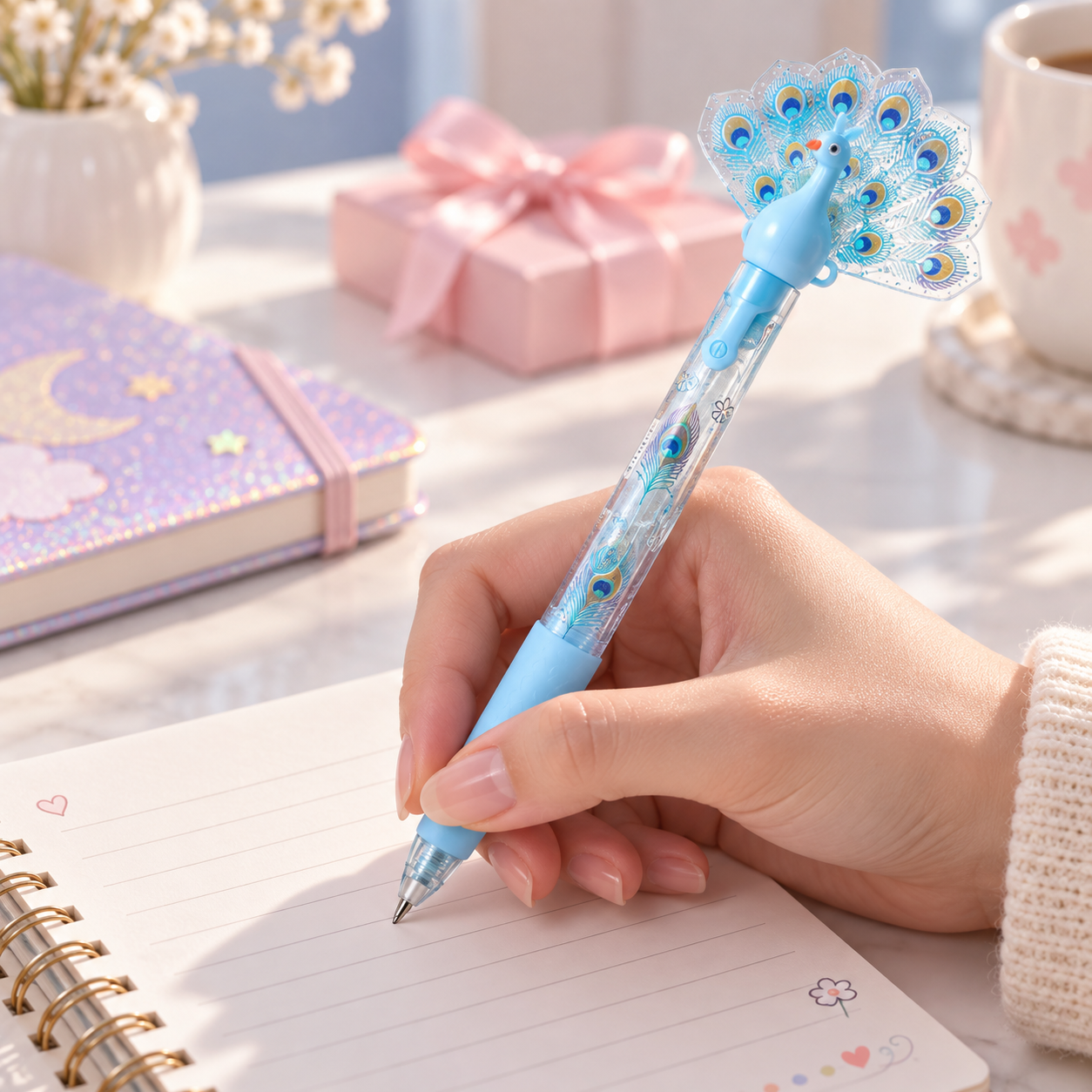 Writing in a journal with a sky blue Peacock Bloom Pen