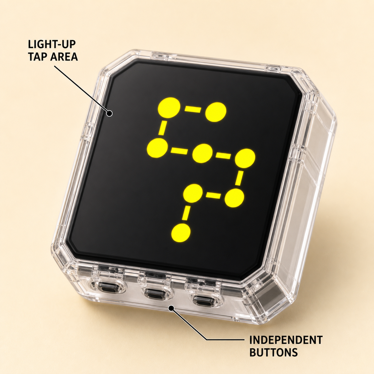 Close-up of Linego light-up tap area and independent buttons