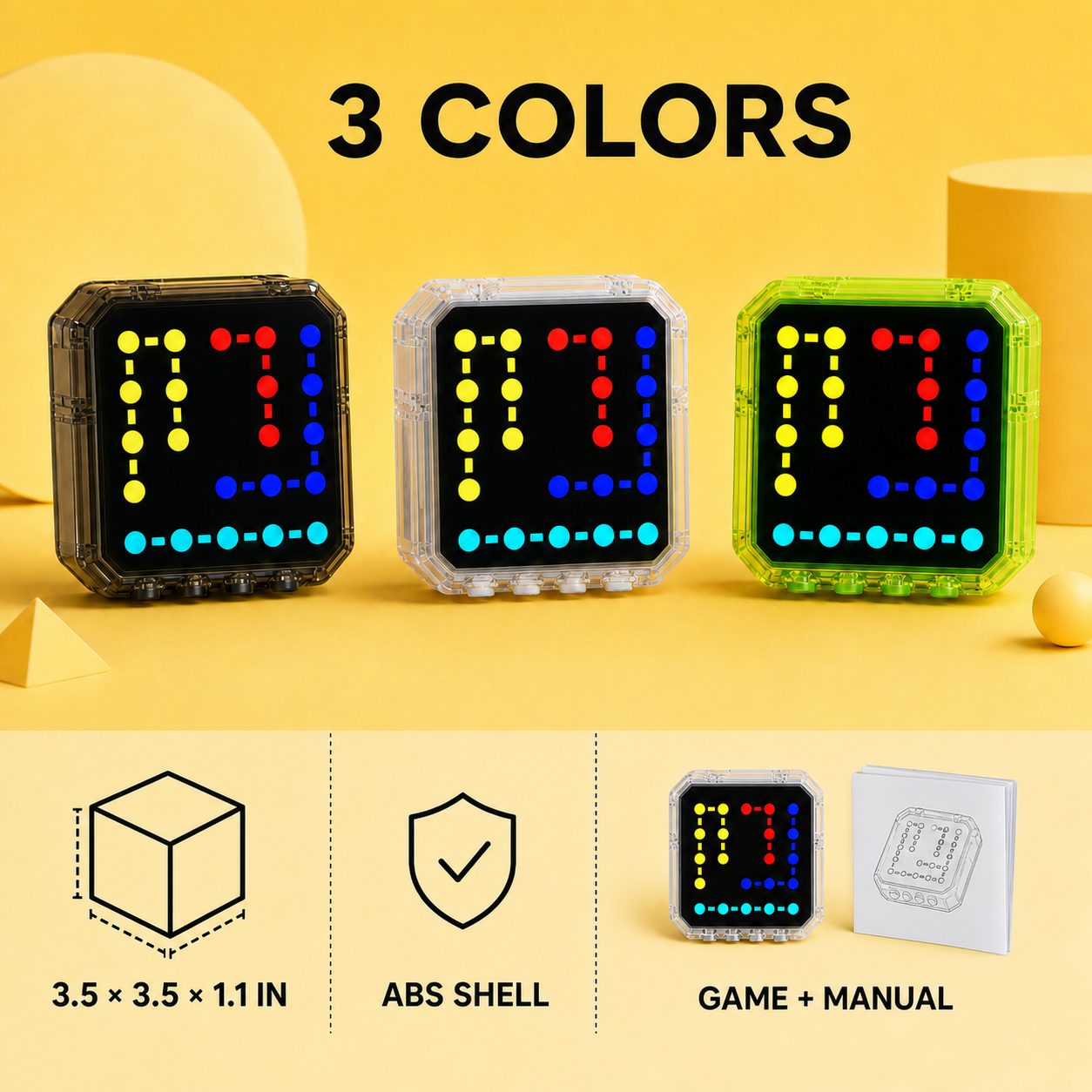 Linego colors, dimensions, ABS shell, game unit, and manual