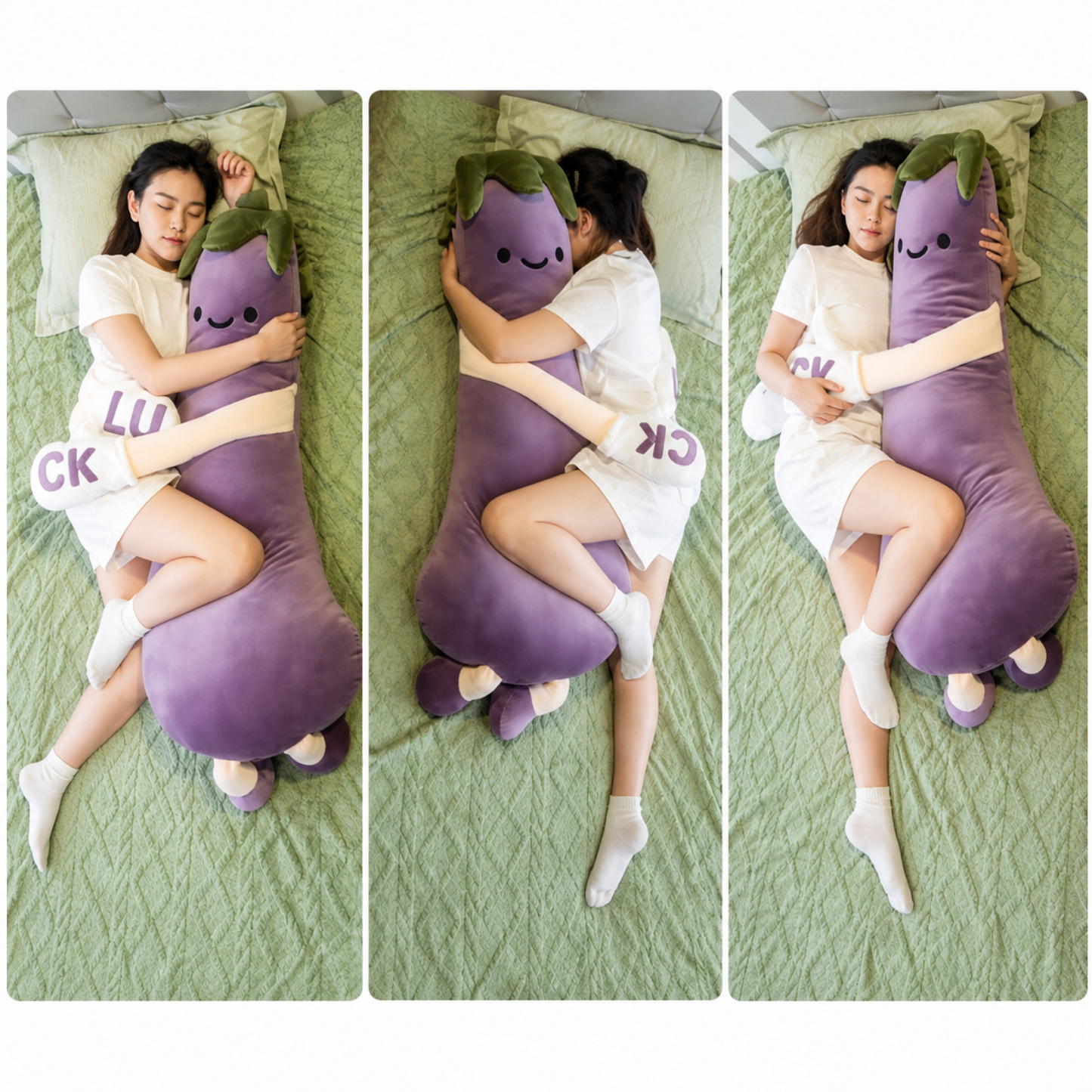 Three cuddle positions with the Lucky Eggplant HugBeat plush