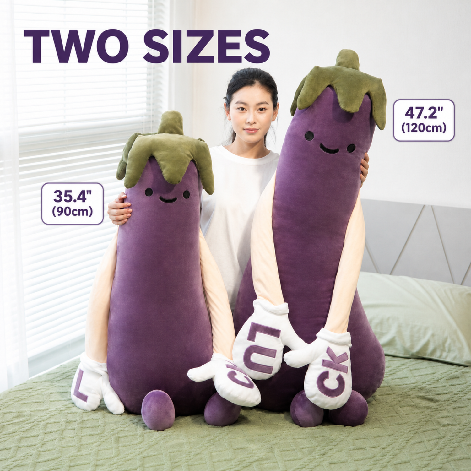 Lucky Eggplant HugBeat 90cm and 120cm size comparison