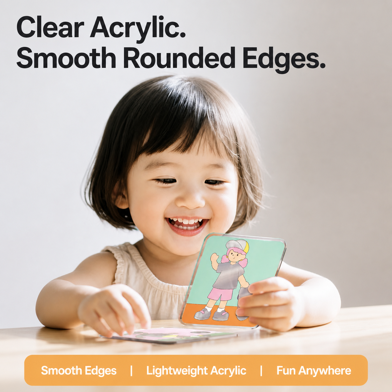 Clear acrylic character card with rounded edges