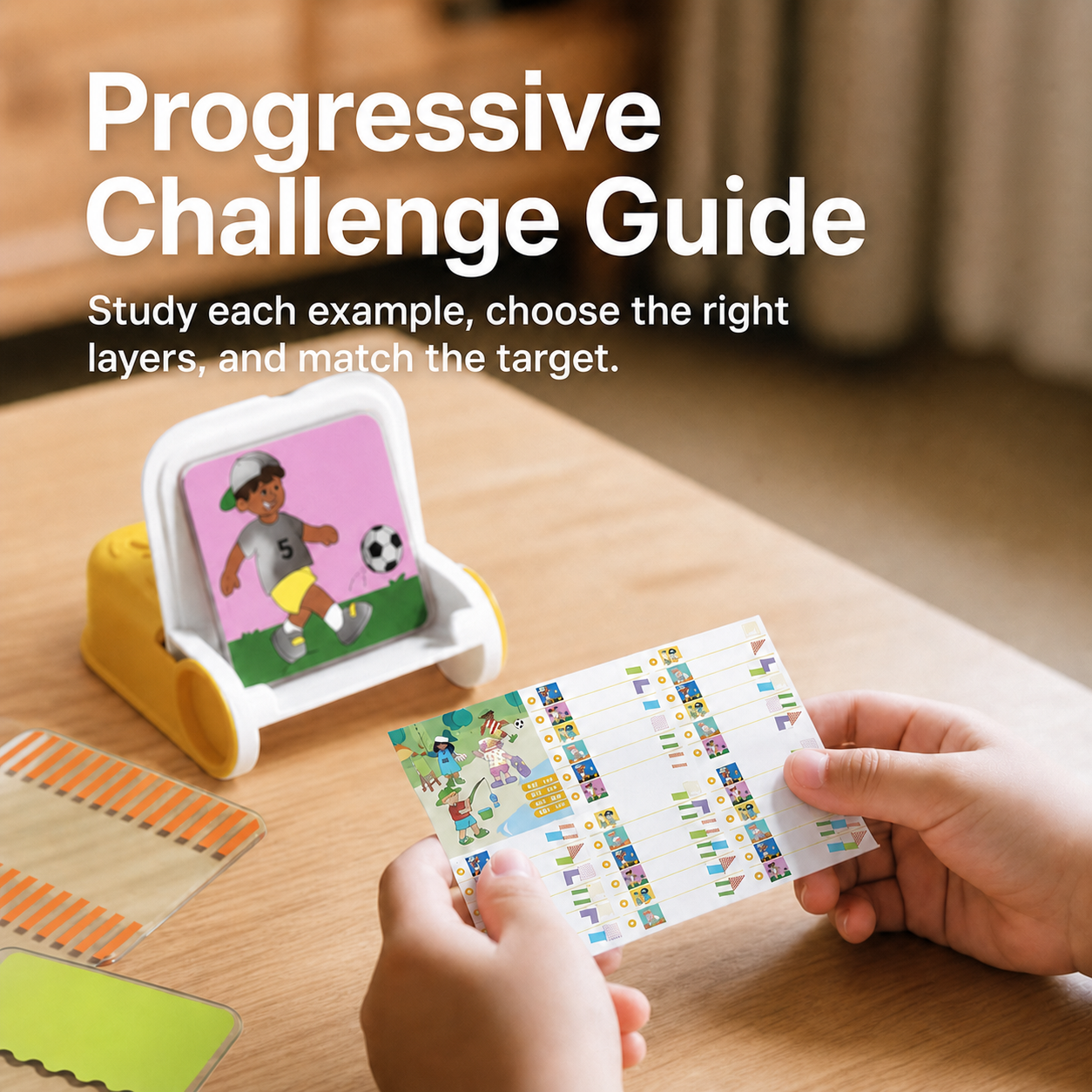 Progressive challenge guide for matching layered cards
