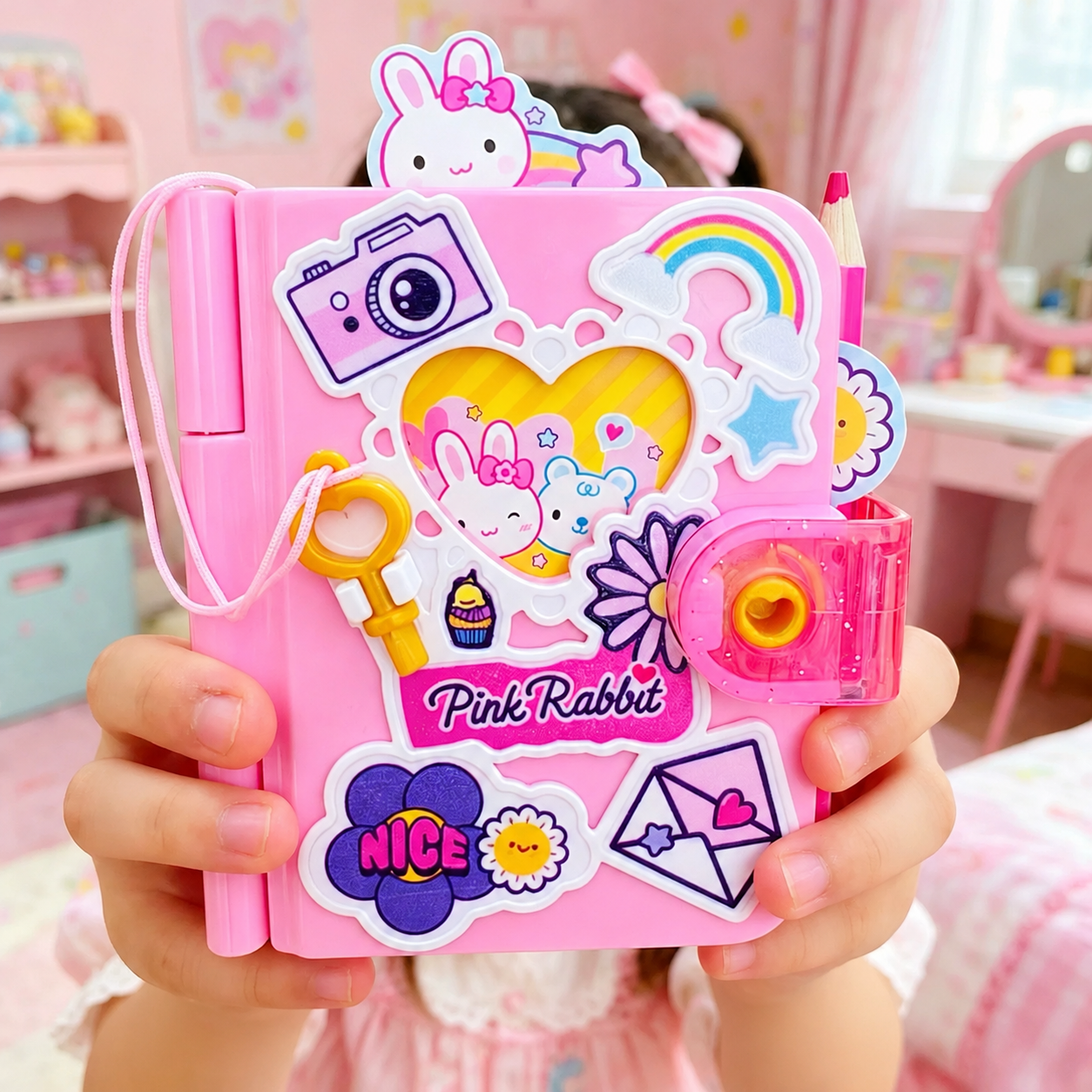 Pink bunny locking diary with heart-shaped key and colorful cover artwork