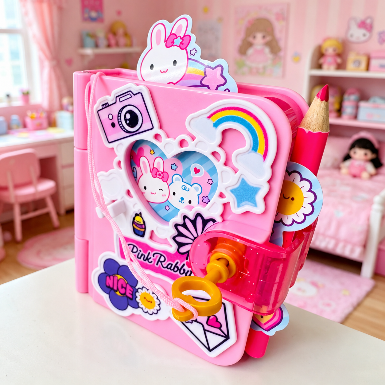 Heart-shaped key inserted in the pink diary clasp