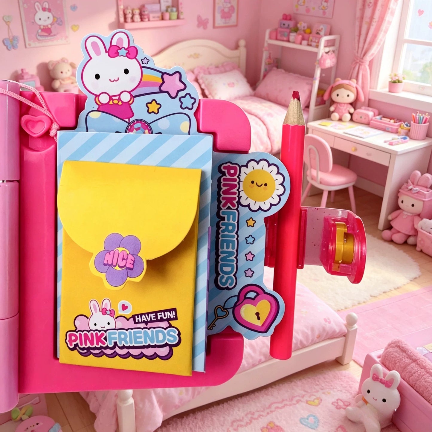 Pink diary interior with yellow envelope pocket and side pencil holder