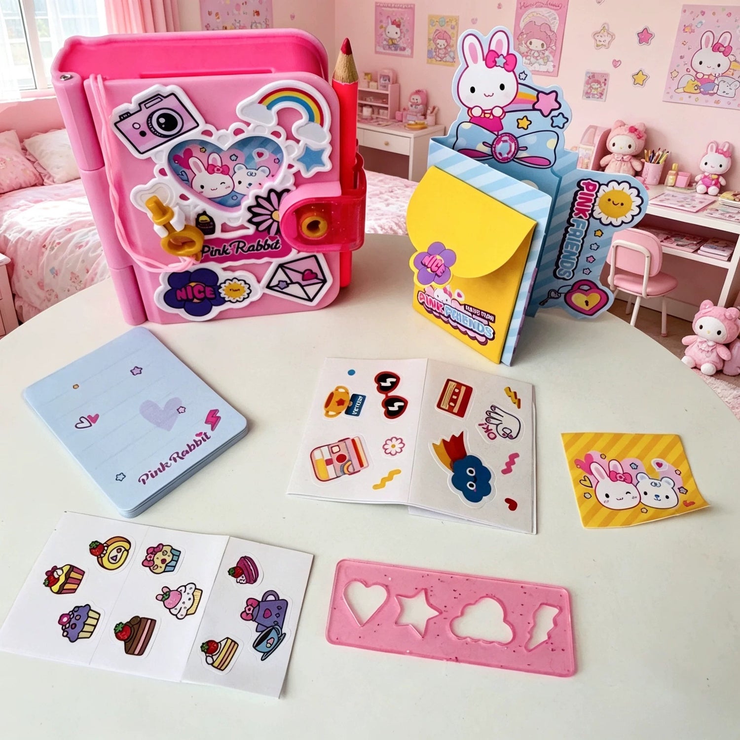 Pink diary and pictured notebook, stickers, pocket insert, card and stencil