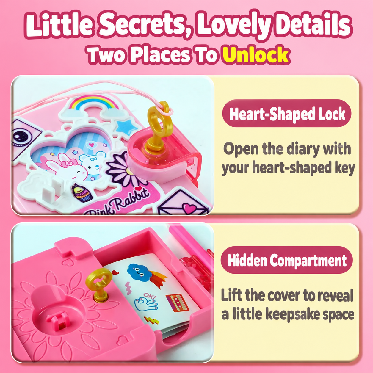 Heart-shaped diary lock and separate keyed hidden keepsake compartment
