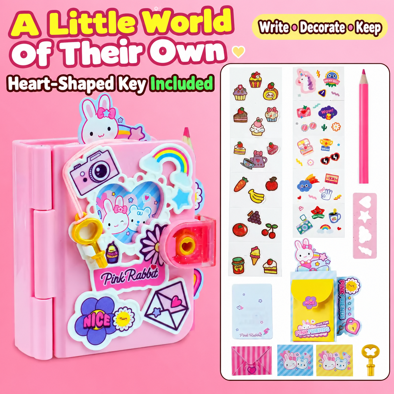 Pink bunny diary set with notebook, pencil, stickers, stencil, pocket, cards and keys