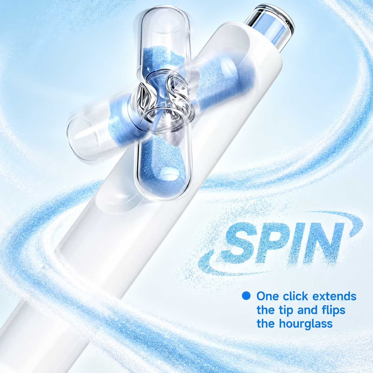 Click the pen to extend the tip and flip the miniature hourglass