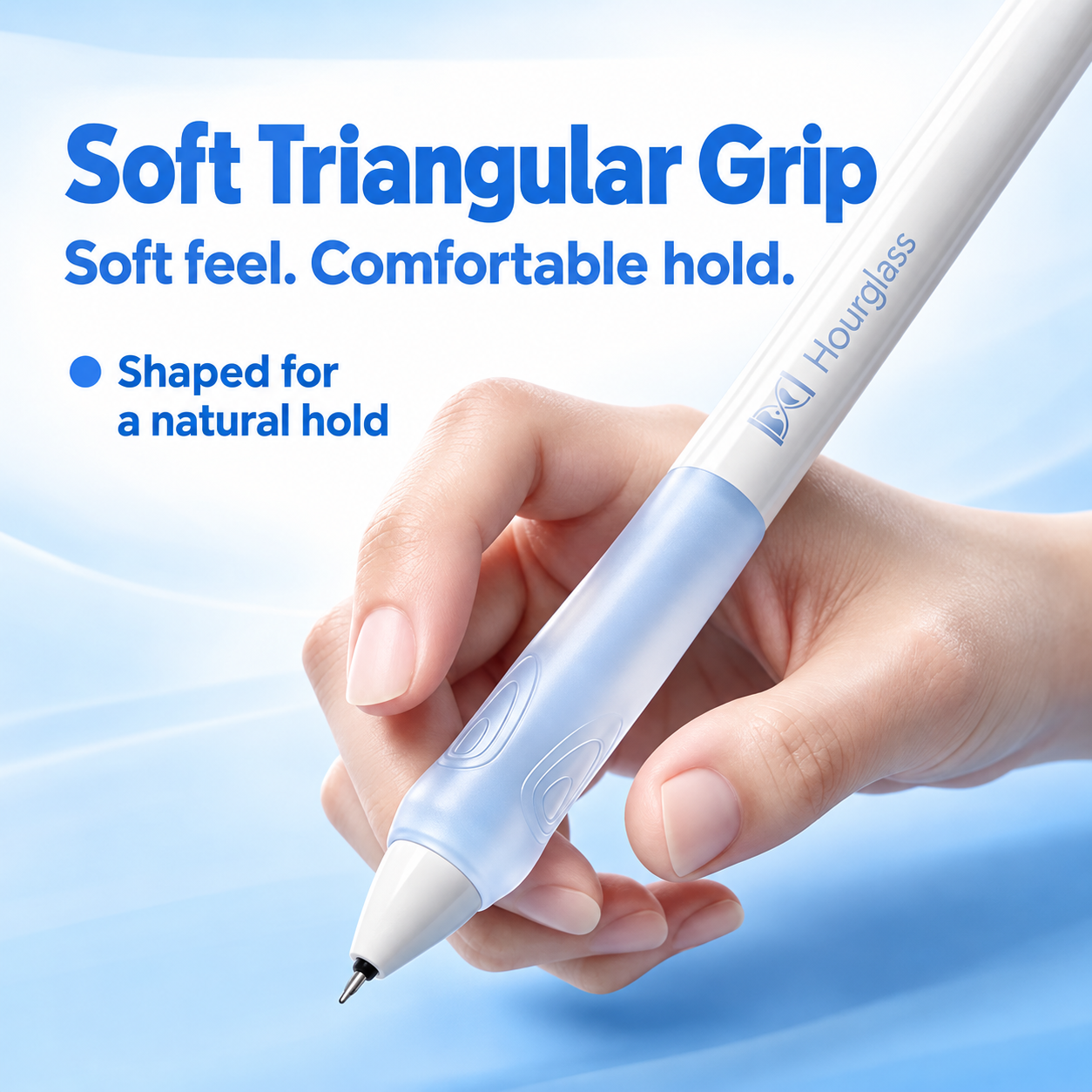 Soft triangular grip shown in a natural writing hold
