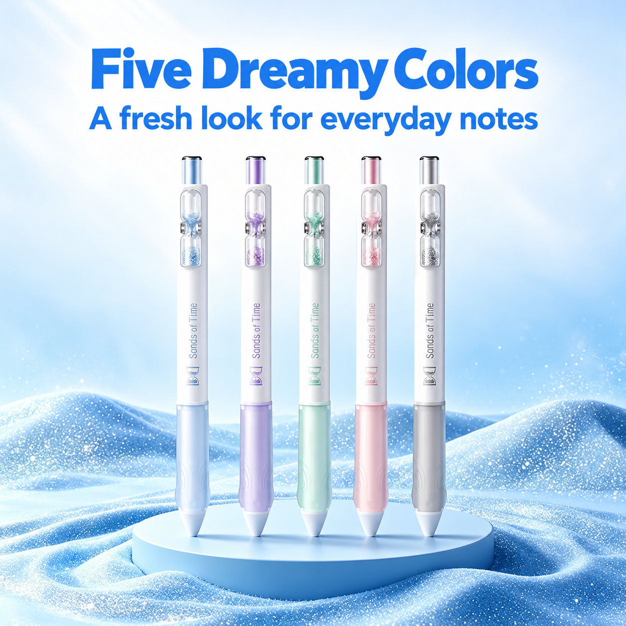 Five-color Hourglass Gel Pen bundle in blue, lavender, mint, pink and gray