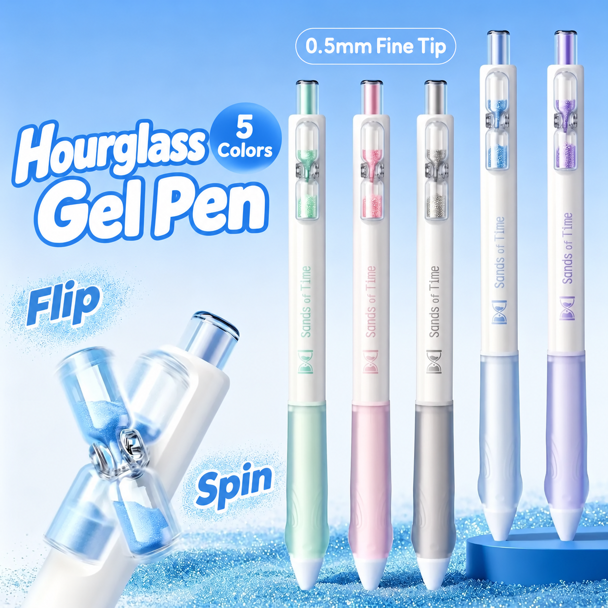 Five Hourglass Gel Pen colors and rotating hourglass detail