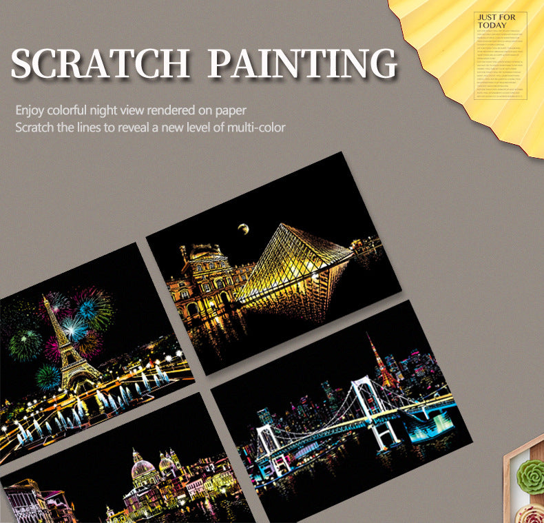 Magic Art City Night view Scratch Painting A3 size (15.9 X 11.2