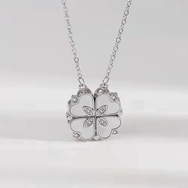 Shimmering CZ Sterling Silver 4 Leaf Clover Heart Two Way Magnetic Necklace